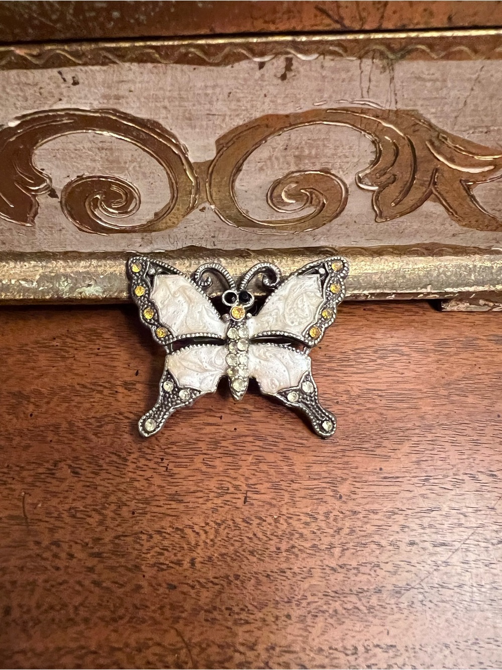 Vintage Butterfly Brooch with Ivory Enamel & Yellow and Clear Crystals